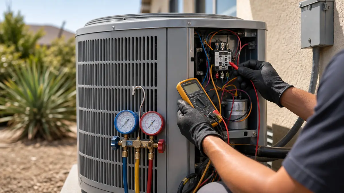Carrier outdoor condenser being diagnosed for AC repair in Arcadia, CA
